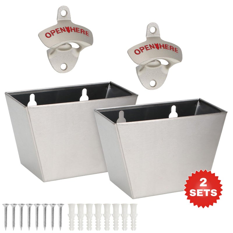 kilofly 2 SETS Beer Bottle Opener Cap Catcher Bucket Man Cave Gift Wall Mounted - Image 2